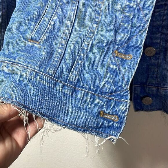 Madewell Blue Likes Patchwork Two Toned Raw Hem‎ Denim Jean Jacket Women Siz/XXS - Picture 5 of 9
